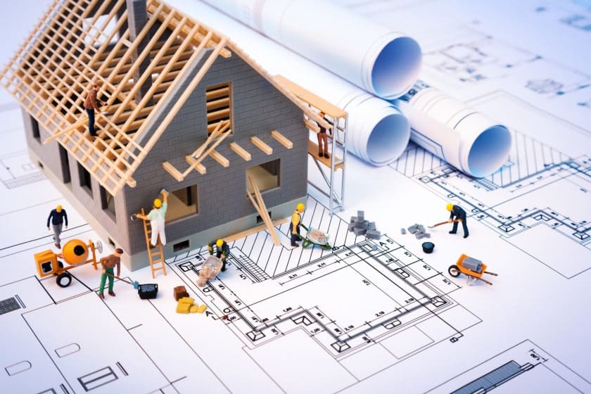 Pre-construction blueprints with building image - eforms for construction