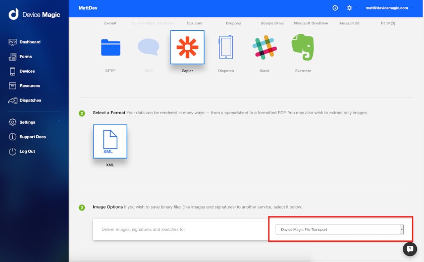 Default file transport for Zapier is now Device Magic