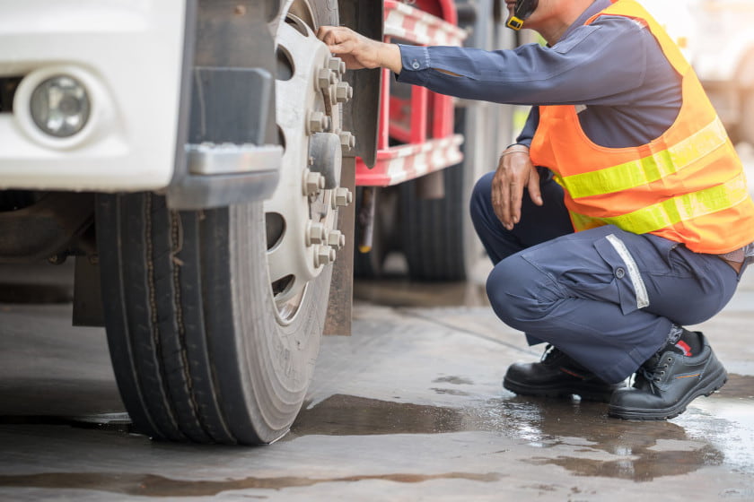 Commercial driver inspecting truck tire during daily vehicle inspection report