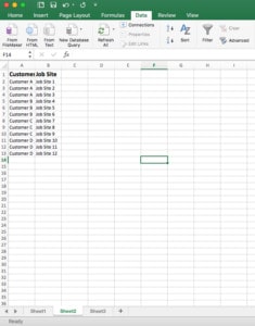 Sheet2 with job sites and corresponding customers.