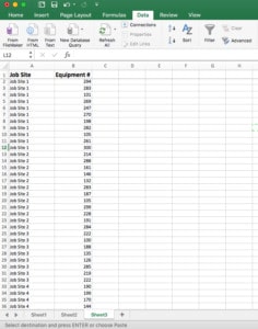 Sheet3 with unique equipment numbers and corresponding job sites.